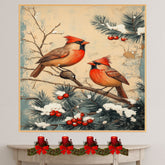 Charming Retro Style Painting of Two Cardinals on Snowy Branches with Pine and Red Berries Perfect for Christmas Decoration or Winter Nature Themed Gift on Ready to Hang 1.5" Thick Canvas Wrap, Floating Framed Canvas, Flat Rolled Canvas